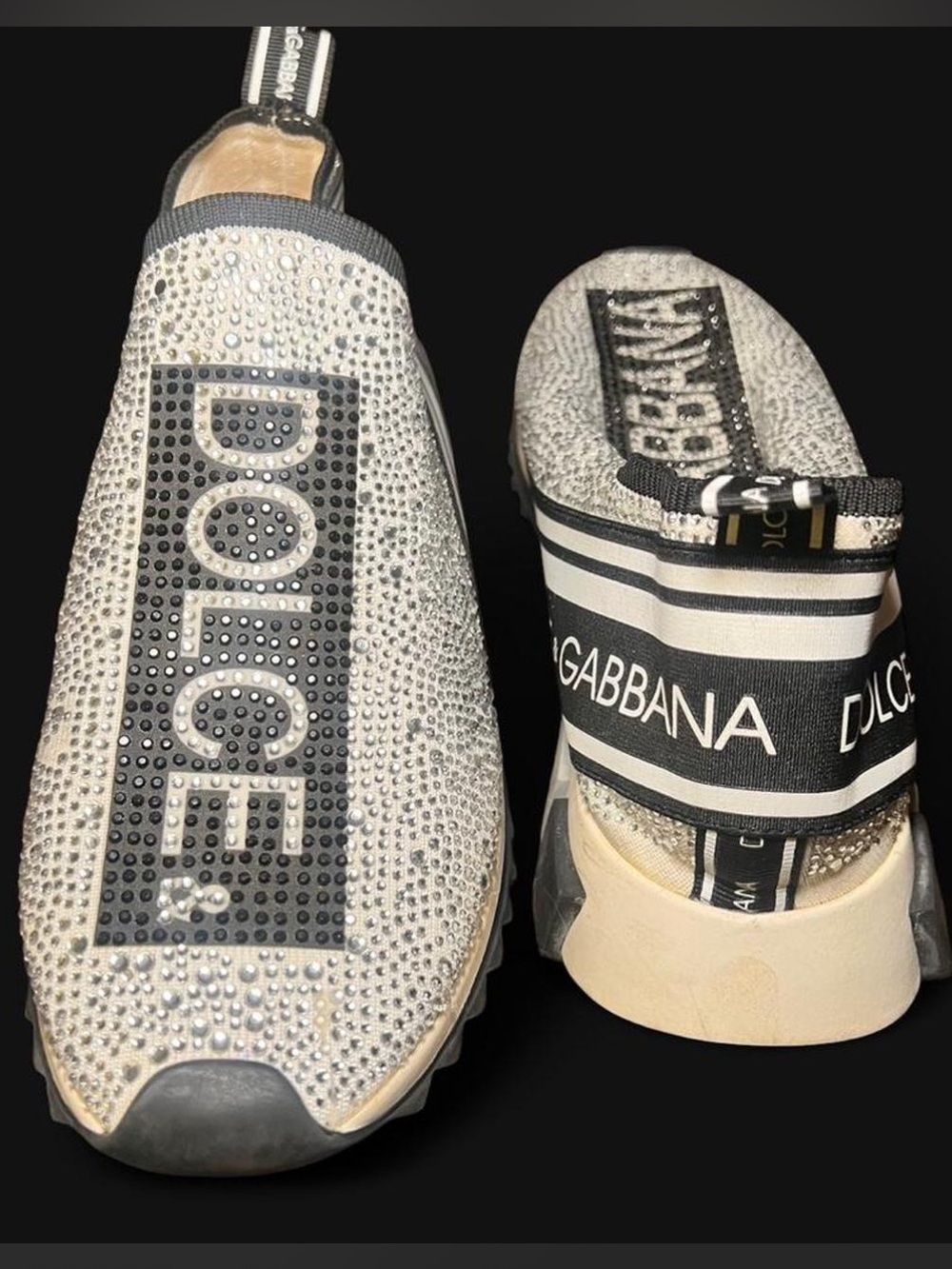 Dolce & Gabbana Silver Crystal Logo Slip-On Sneakers